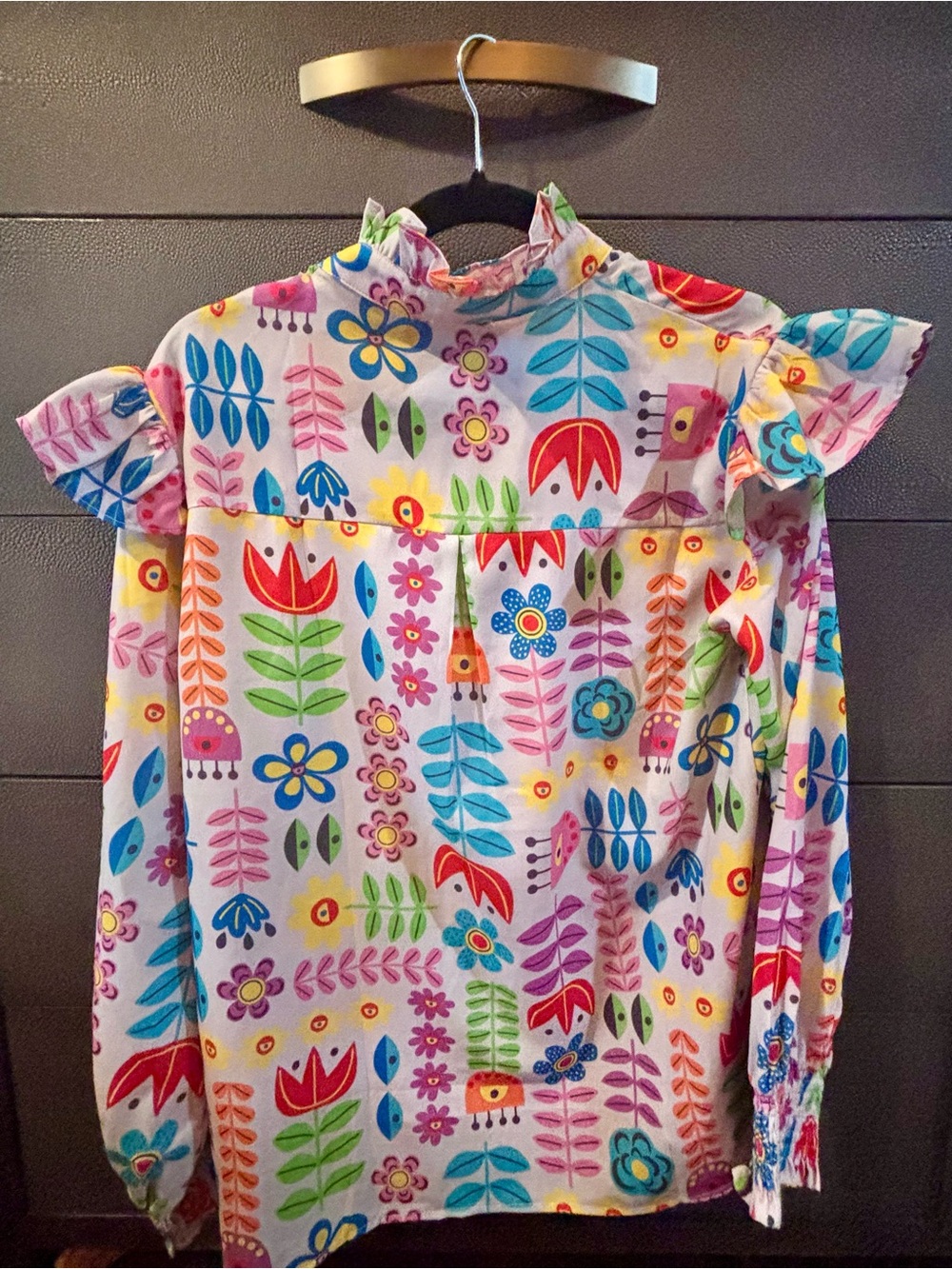 Layerz Floral Multicolor Ruffle-Shoulder Button Down Blouse // Size Small - Picture 6 of 6